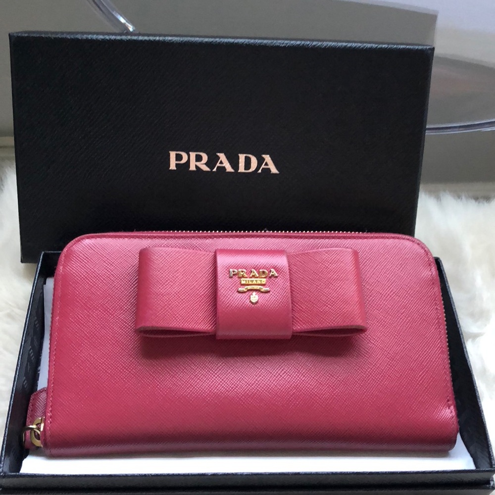 Prada Pink Saffiano Fiocco Bow Zip Around Wallet